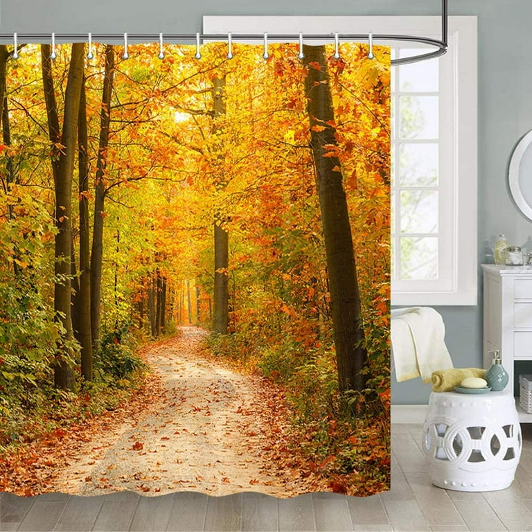 Fall Shower Curtain, Happiwiz Nature Autumn Forest Sunshine Romantic Fall Road in Park Autumn Forest Leaves Foliage, 72x78 inch Fall Stand Up Shower