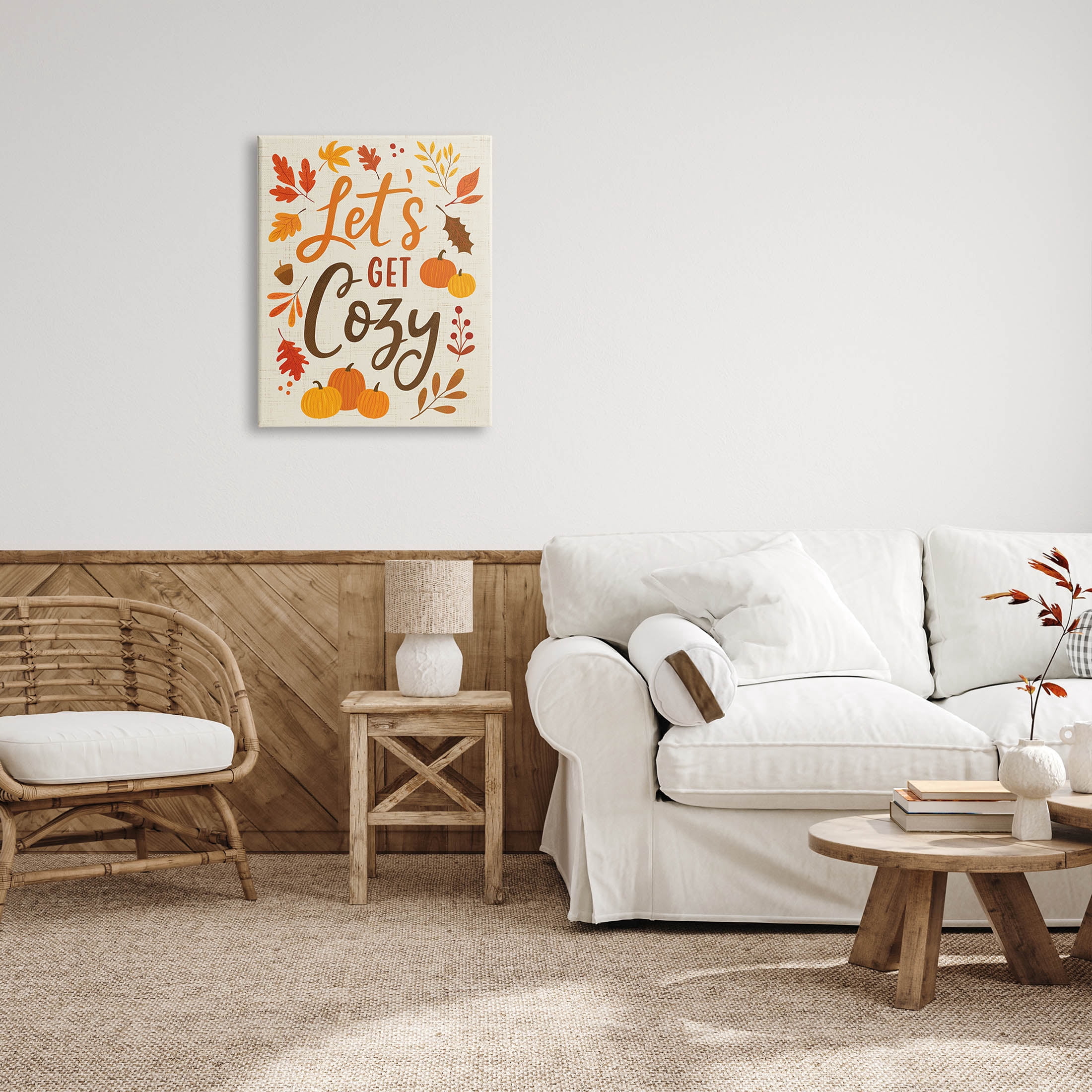 Lets Get Cozy Autumnal Leaf Sprigs Holiday Graphic Art Gallery Wrapped Canvas Print Wall Art