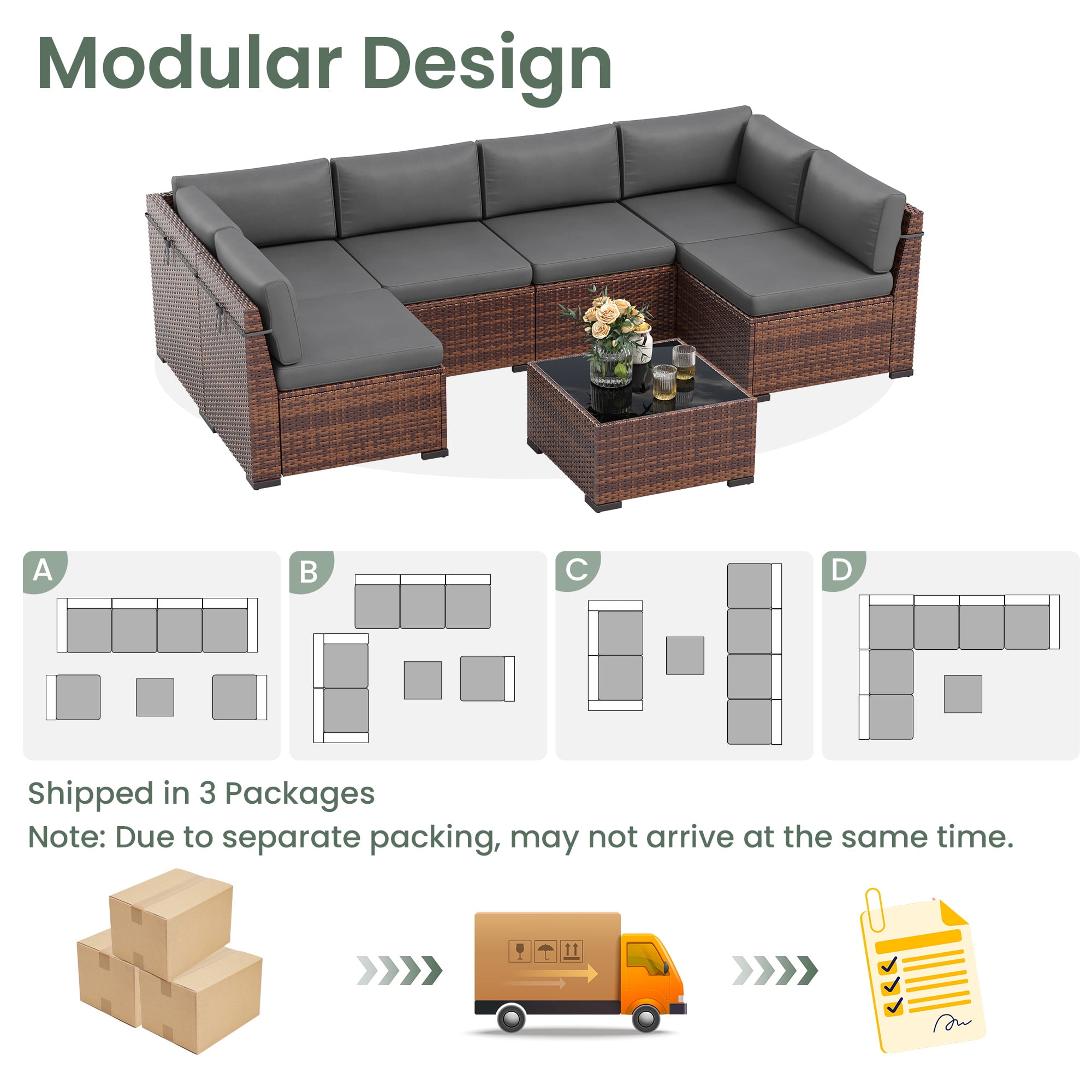 Poteban 7 Pieces Outdoor Sectional Sofa Set , PE Wicker Rattan Slanted Back Outdoor Conversation with Cushions and Glass Coffee Table for Backyard Garden, Dark Gray