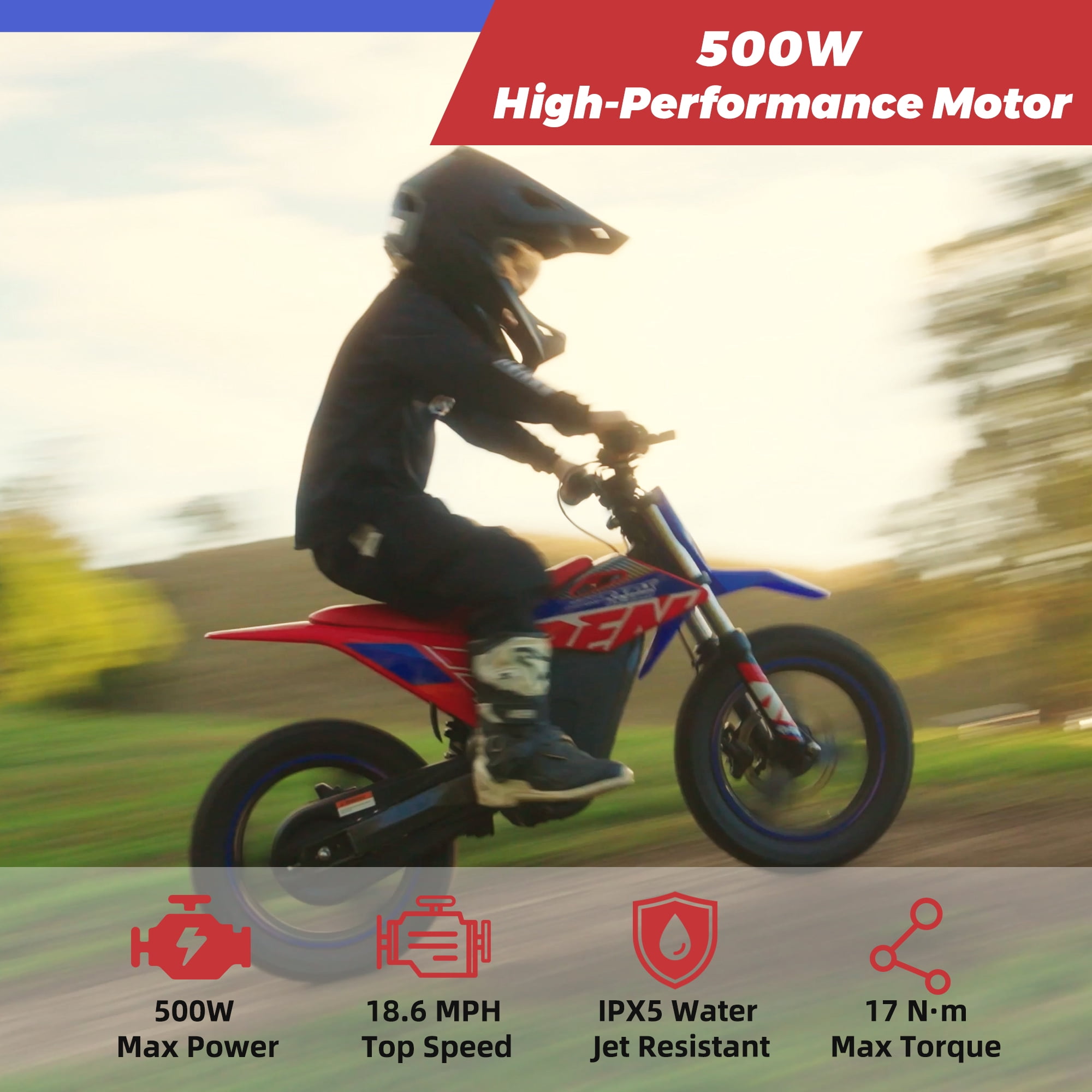 RFN Warrior Kids350 Electric Dirt Bike for Kids, 36V 500W Peak Brushless Kids Dirt Bike, 18.6 MPH Max Speed, 3-Speed Modes, 14" Magnesium Wheels, Dual Disc Brakes