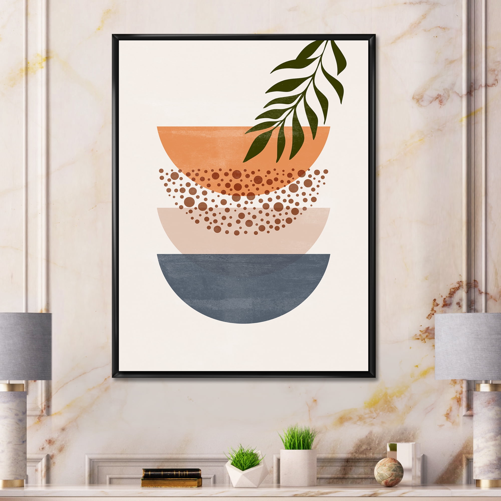 Designart 'Abstract Geometrical Moon and Sun With Leaf III' Modern Framed Canvas Wall Art Print