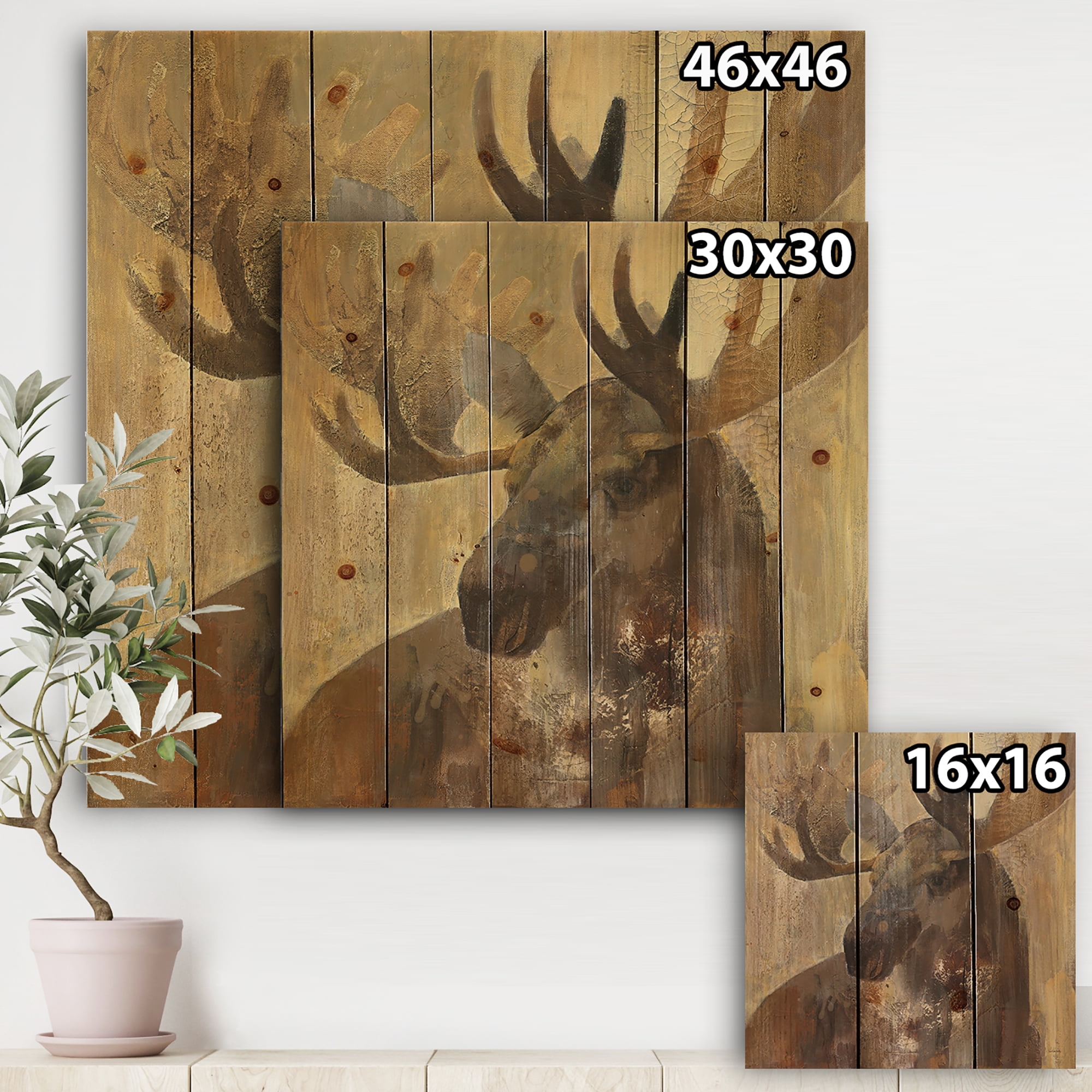 Designart 'Abstract Into the Wild Gold Moose' Farmhouse Print on Natural Pine Wood