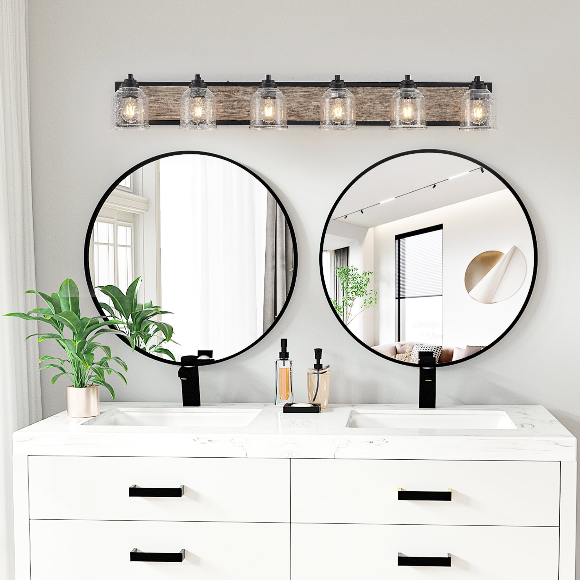 6-Light Farmhouse Bathroom Vanity Light, 48.5 Inch Rustic Wall Sconce with Wood Finish and Bubble Glass