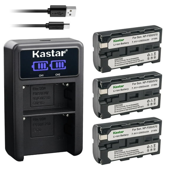 Kastar 3-Pack NP-F570 Battery and LED2 USB Charger Compatible with Aputure Amaran AL-H198 AL-M9, Atomos Shogun Flame Inferno, Genaray LED-7100T, Savage Luminous Pro, Amaran P60c RGBWW LED Video Light