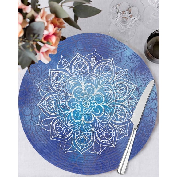 15 Inch Round Placemats Set of 4, Boho Flowers Non Slip Heat Insulation PP Table Mats, Blue Floral Bohemian Vintage Country Washable Place Mats for Kitchen Dining Party Table Decor