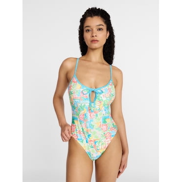 No Boundaries Scoop Neck One Piece Swimsuit with Keyhole, Women's XXS-XXL