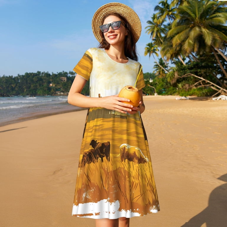 Picia Western Cowboy Ranch Pattern Women's Short Sleeve Summer Dress Pleated Loose Swing Knee Length Short Sleeve Swing Dresses, Size: 2XL Picia Western Cowboy Ranch Pattern Women's Short Sleeve Summer Dress Pleated Loose Swing Knee Length Short Sleeve Swing Dresses, Size: 2XL