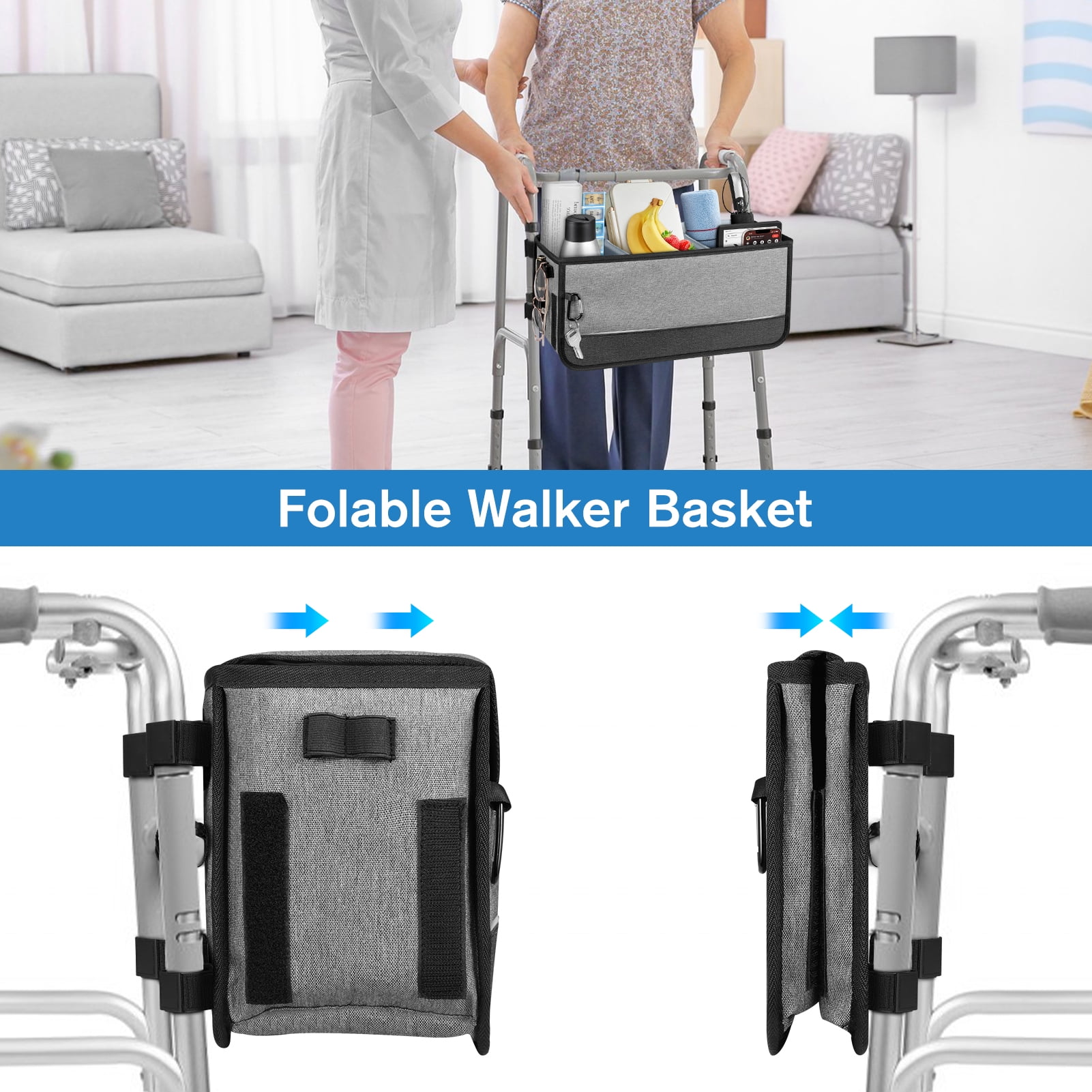 FINPAC Large Walker Basket for Foldable Walker, Storage Bag Strap Attachment Organizer Pouch with Cup Holder and Dustproof Lids