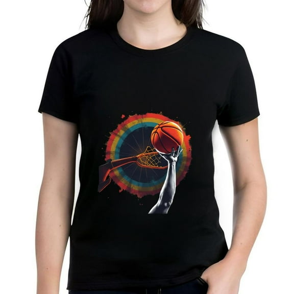 Colorful Basketball Graphic Cotton Short Sleeve T-Shirt for Men - Vibrant Hand Shot Design on Black Tee