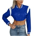 thumbnail image 2 of Juebong Womens Faux Leather Cropped Bomber Jackets Zip Up Color Block Moto Biker Short Jacket Casual Vintage Y2K Racing Coat Blue,S, 2 of 7