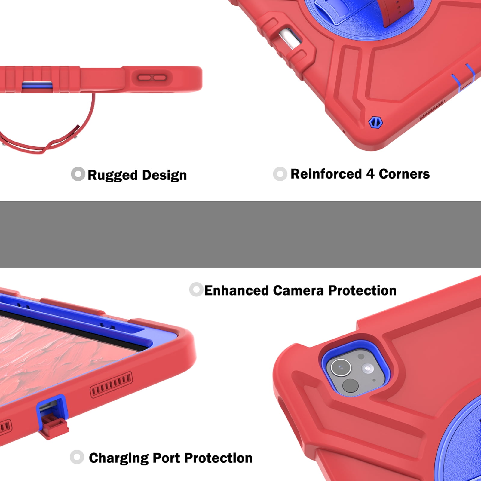 Military Grade Case for Apple iPad Pro 11 2024,Shoulder Strap Shockproof iPad Case with Pencil Holder 360 Rotating Hand Strap+Kicstand Rugged Siicone and Hard PC Case,Redblue