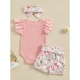 thumbnail image 4 of Bagilaanoe 3pcs Newborn Baby Boy Girl Shorts Set Short Sleeve Letter Print Romper Tops + Floral Shorts + Hairband 3M 6M Infant Casual Summer Clothes, 4 of 7