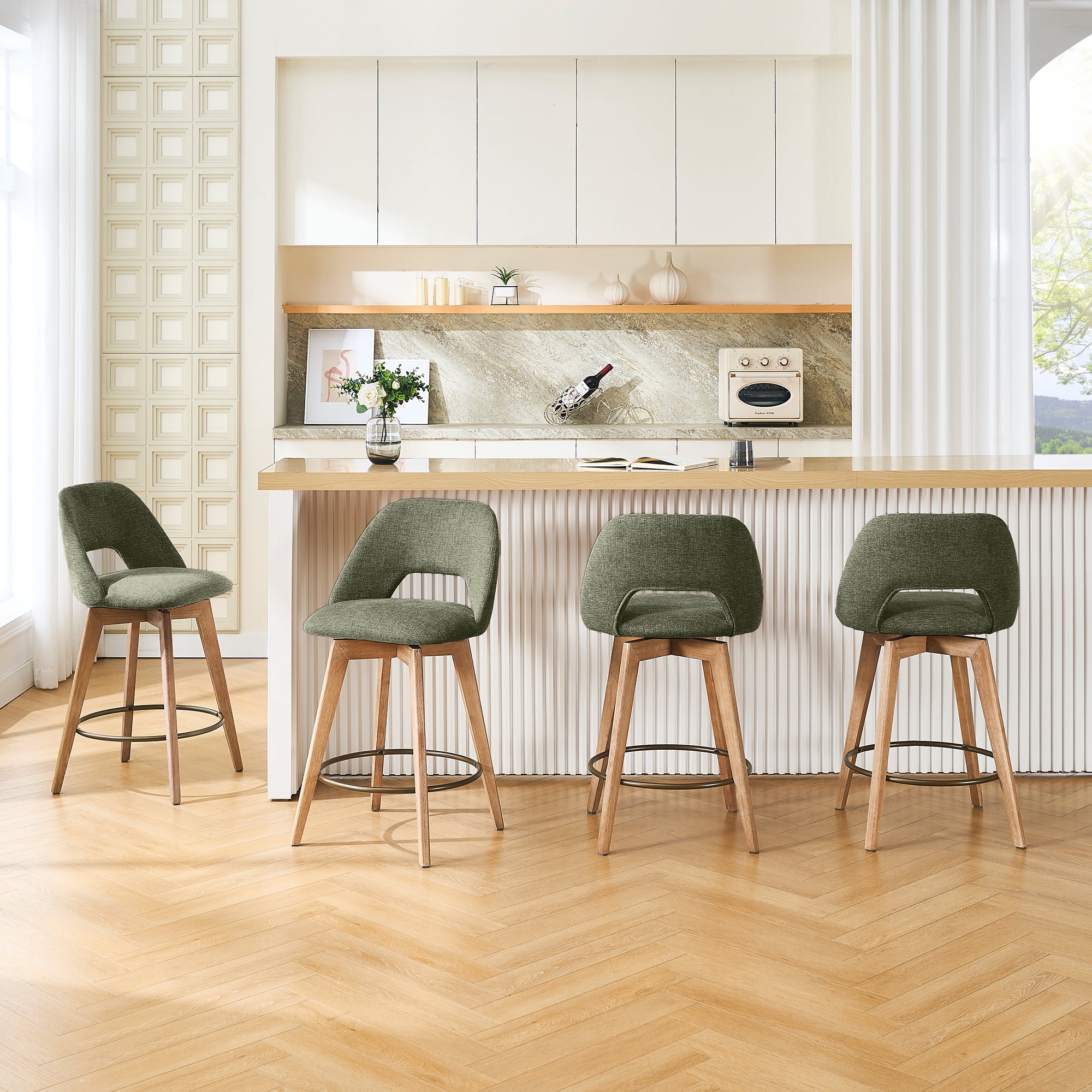 Zesthouse 26.8" Swivel Bar Stools Set of 2, Linen Upholstered Counter Height Stools with Open Back and Brushed Wooden Legs, Mid Century Barstools Kitchen Bar Chairs for 36"-39" Countertop, Green