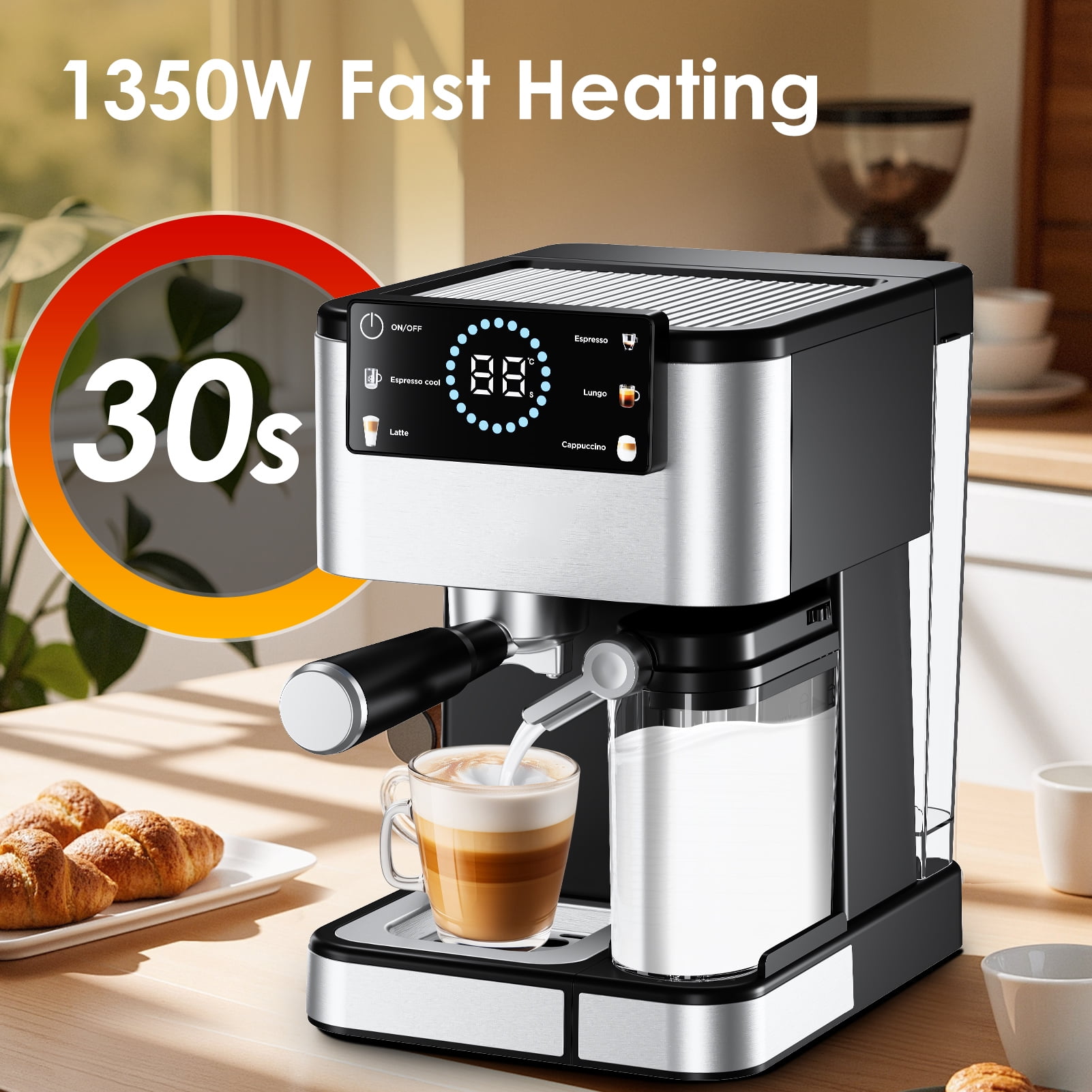 20 Bar Espresso Machine - Automatic Milk Frother, 1350W 30s Fast Heating, Touchscreen, ESE Pod Compatible, Black+Silver