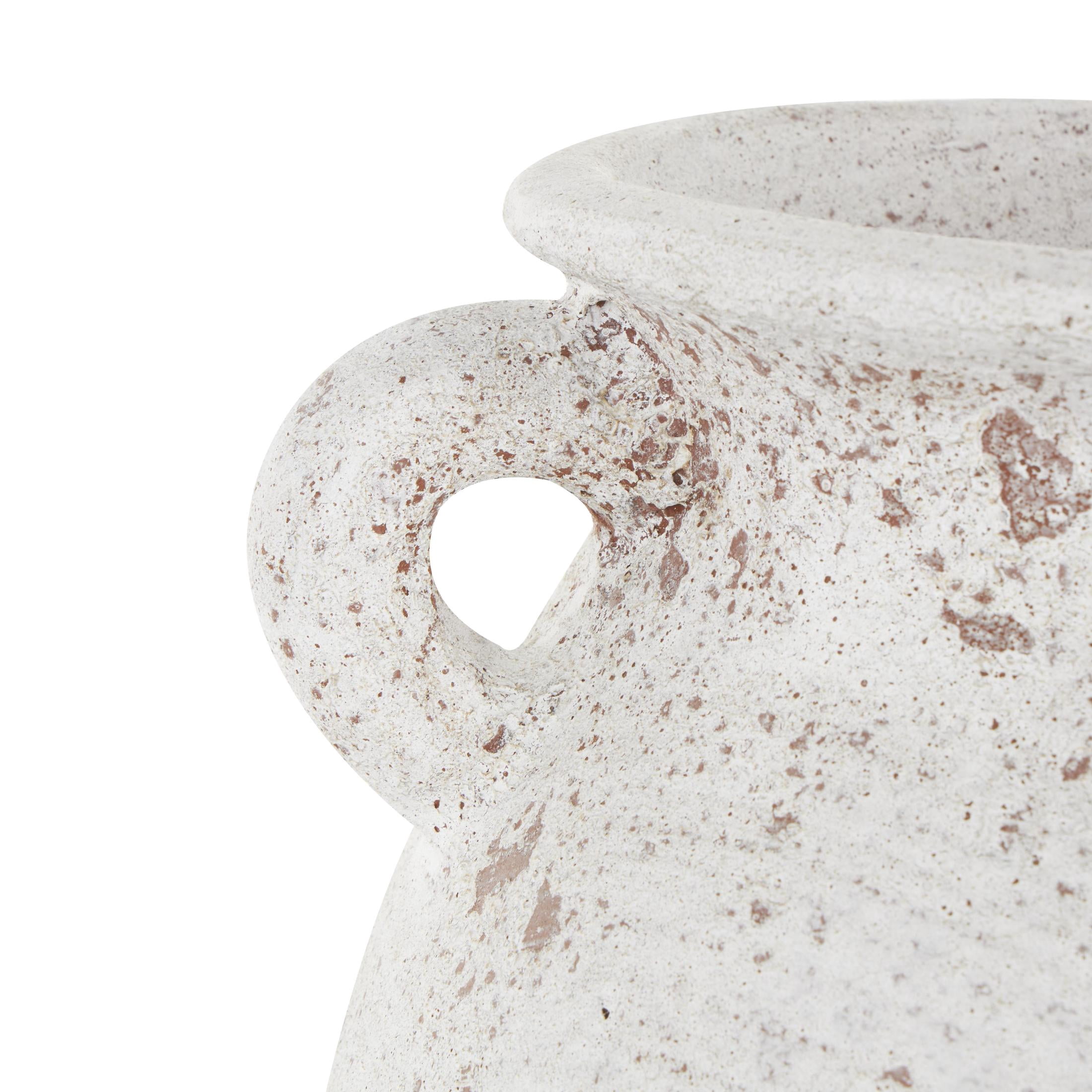 DecMode 10" Antique Style Textured Pot Cream Ceramic Vase with Handles