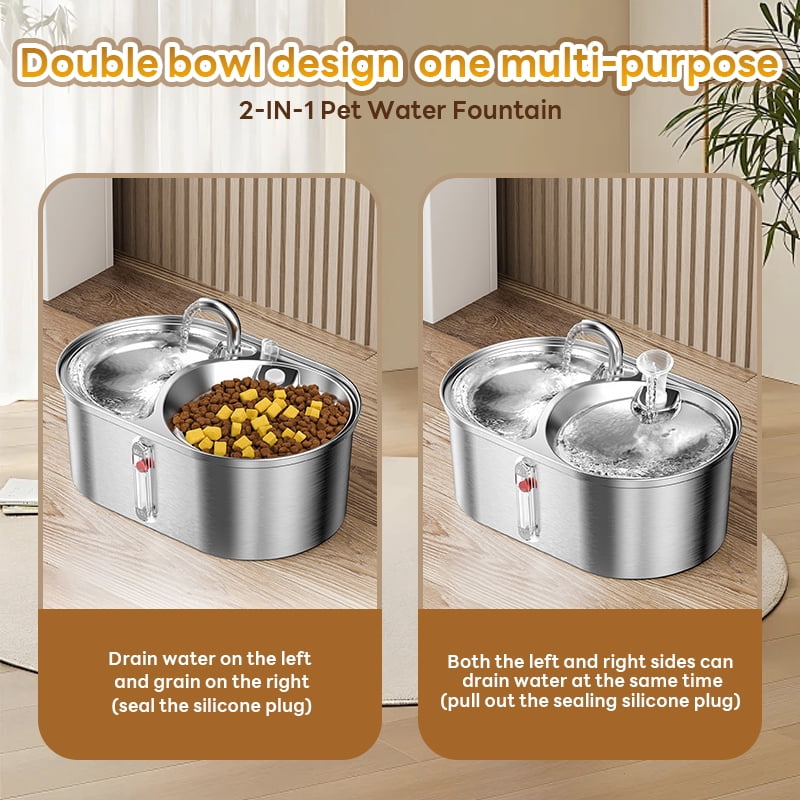 Cat Water Fountain Food Bowl Stainless Steel 2 in 1, 101oz/3L Automatic Pet Water Fountain, Dog Water Dispenser with Smart Pump 2 Filters for Cats, Dogs, Multiple Pets