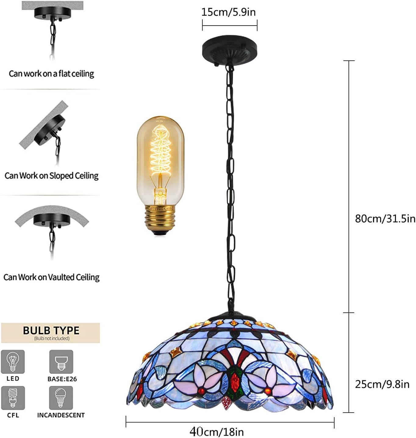Tiffany Semi Flush Mount Ceiling Fixture Antique Baroque Stained Glass Ceiling Lighting Hanging Lamps Art Decor Pendant Light Fixtures for Dining Room Bedroom Living Room Hallway