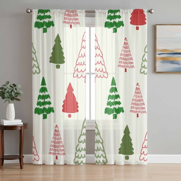 Red Green Christmas Tree Sheer Curtains 63 Inch Length 2 Panels Set, Xmas Tree Watercolor Voile Window Treatment Rod Pocket Curtains Sheers Drapes for Bedroom/Living Room/Kitchen 52x"63"x2