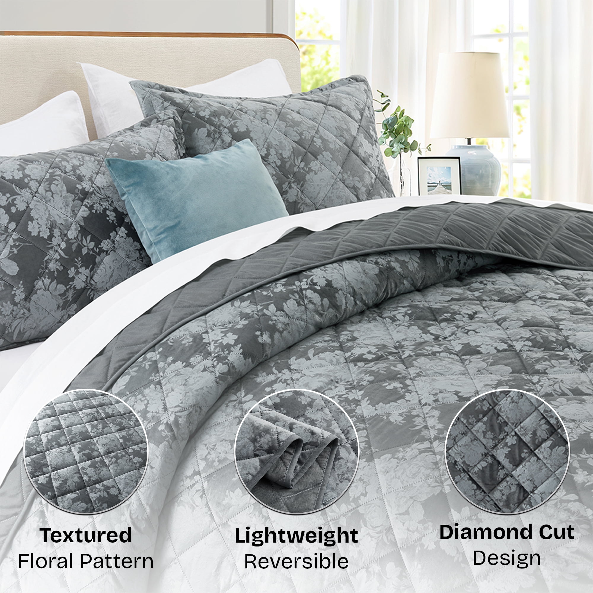 Ameha Luxury Velvet Quilt Floral Diamond Pattern 3-Piece Set Ultrasonic Embossed Bedding Set Ultra Soft Reversible Bedspread Queen Size Grey