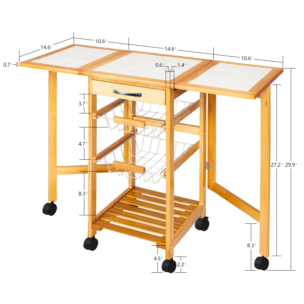 Kepooman Kitchen Storage Cart, 4-Tier Folding Rolling Wood Cart w/ Drawers Stand Kepooman Kitchen Storage Cart, 4-Tier Folding Rolling Wood Cart w/ Drawers Stand