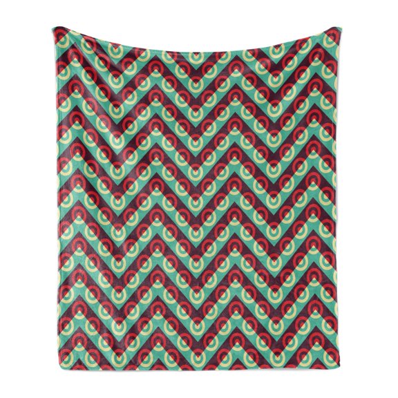 Geometric Circle Soft Flannel Fleece Blanket, 50s Pop Art Style Triangular Stripes Spiral Hoops Retro Poster Print, Cozy Plush for Indoor and Outdoor Use, 70" x 90", Maroon Sea Green, by Ambesonne