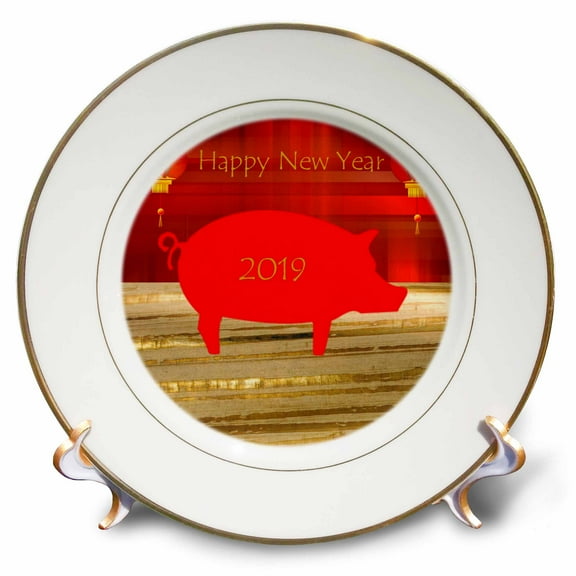 3dRose, Image of Bold Red Pig And Chinese Lanterns Celebrate New Year, 8 inch Porcelain Plate