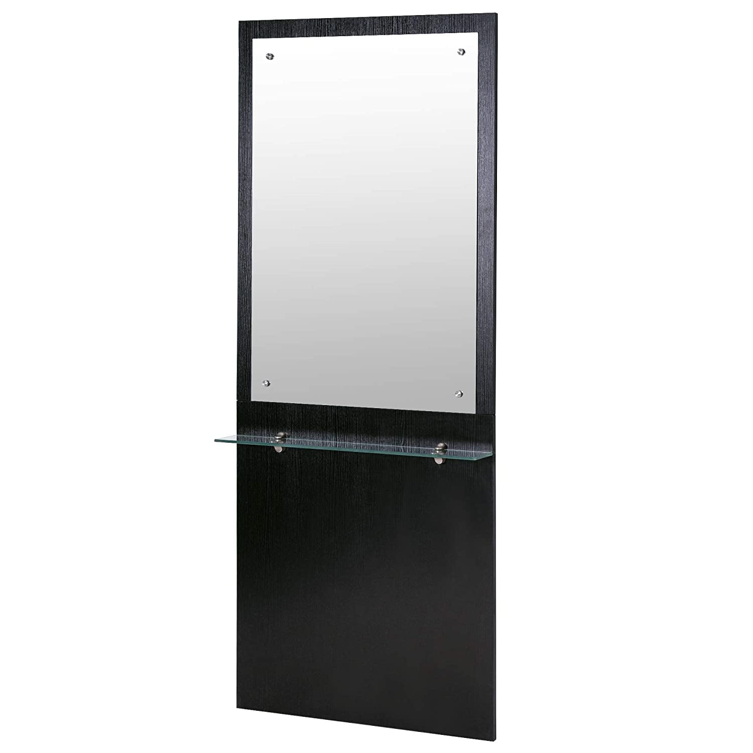 Black Rectangular Wall-Mounted Salon Mirror Station with Glass Shelf