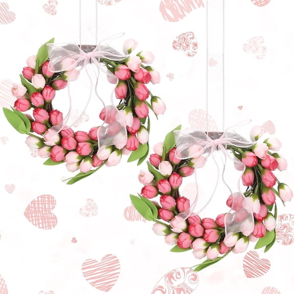2 Pcs 9" Mini Valentines Day Rose Wreath for Cabinet Small Door Chair Decor Artificial Tulip Flowers Wreath with Red Pink Flower for Wedding Window Home Wall Decor