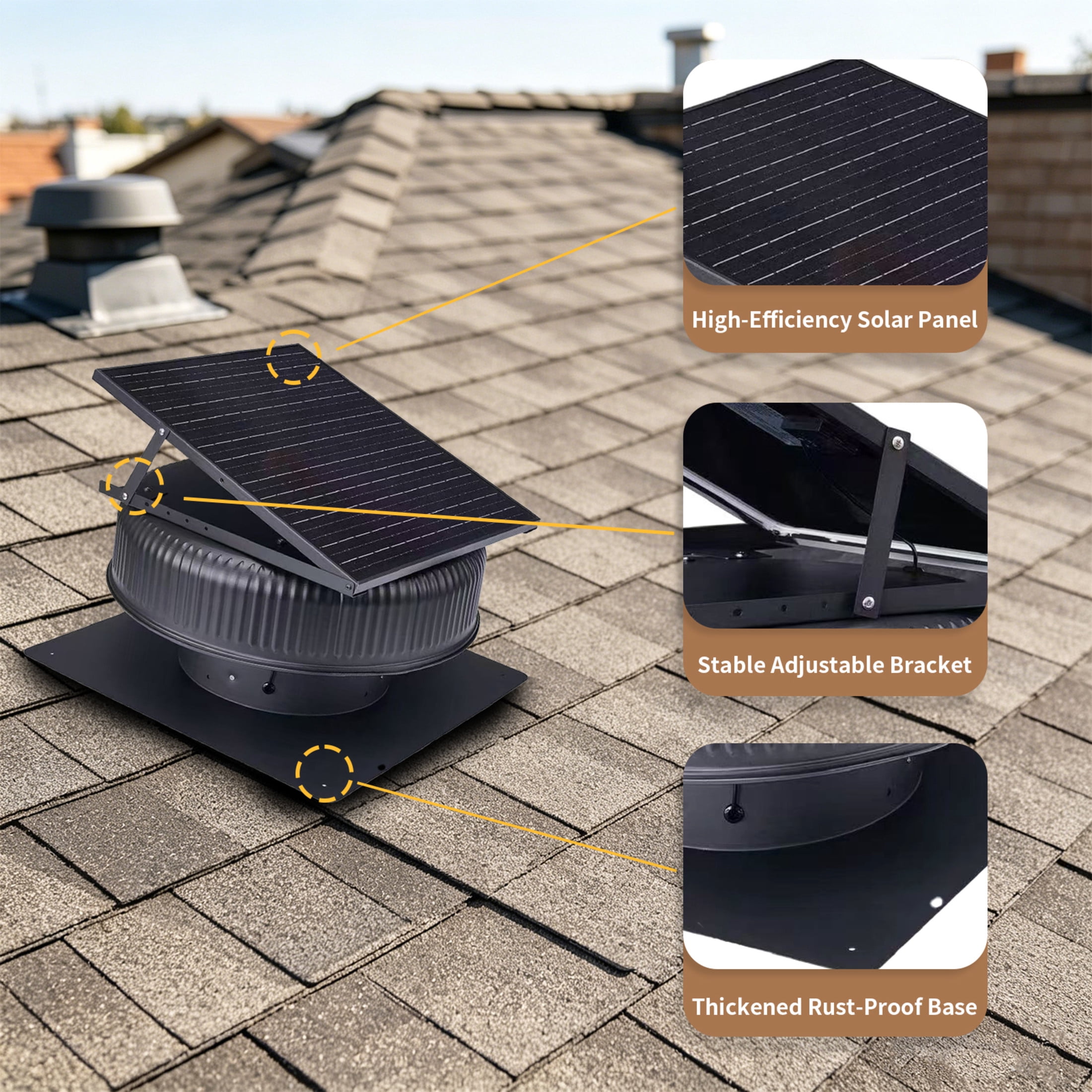 Noble House 12" Adjustable Aluminum Solar Roof Vent Fan, 42W Dual Power Attic Exhaust Fan with Smart Remote, Black