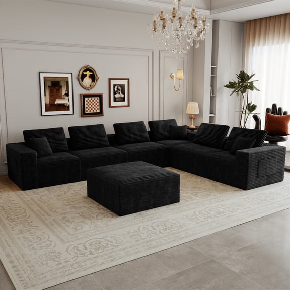 Miekor Furniture 141.73*106.3"Modular sectional sofa seat,Upholstered compressed couch for living room,Bedroom,Apartment,No assembly required,7 PC free combination,Plush corduroy fabric,BLACK No1416