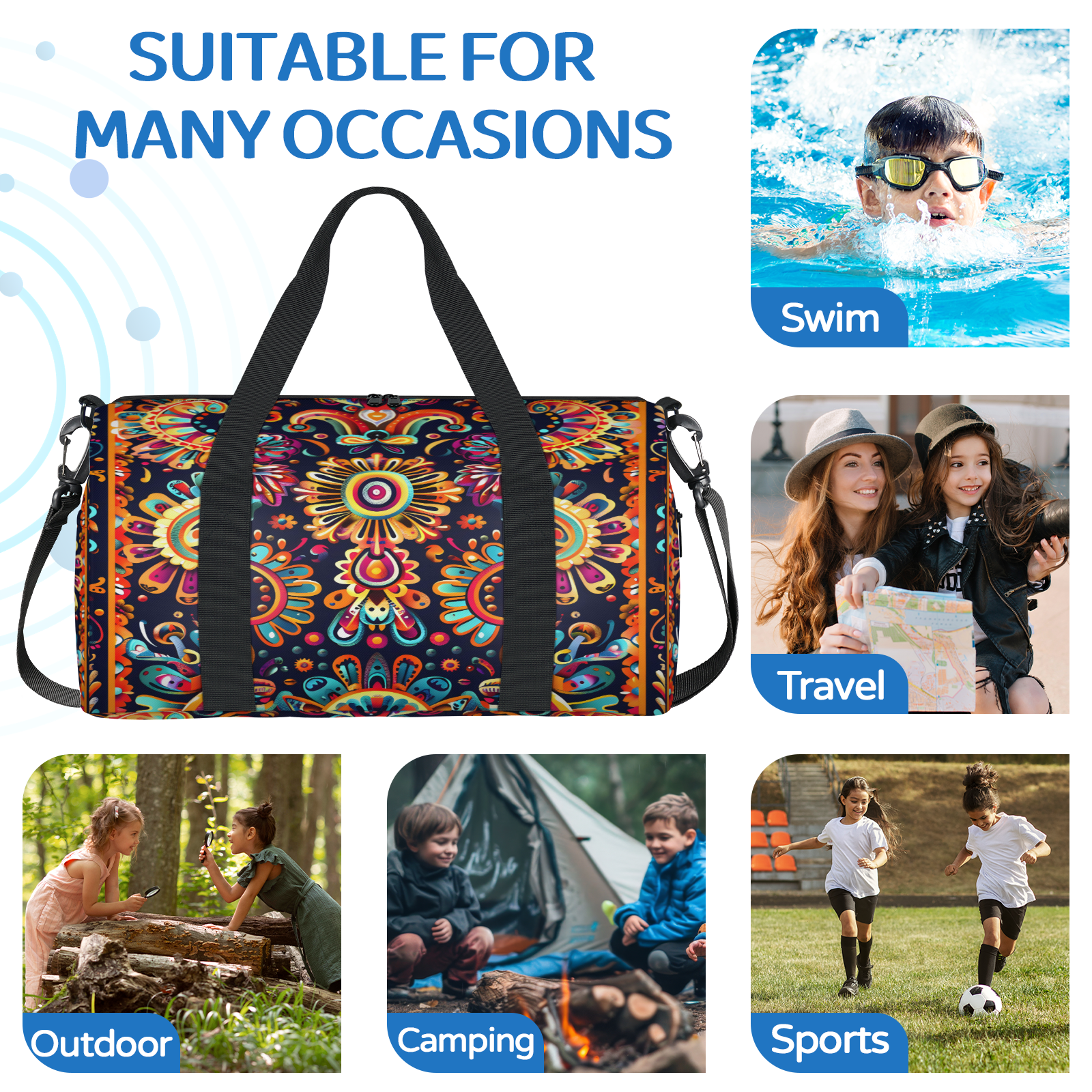 Herdesigns Mexica Flower Floral Gym Bag for Women, Duffle Bag for Travel Sport, Lightweight Waterproof Carry on Weekender Overnight Dance Yoga Workout Bags