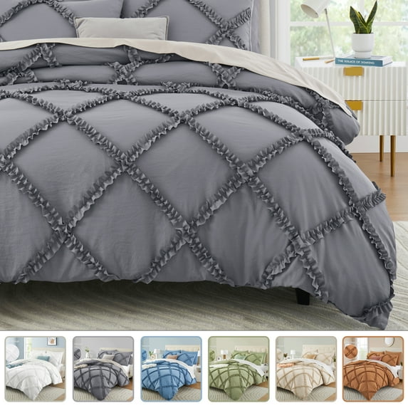 Gray Duvet Cover Twin Size - Ruffle Twin Duvet Cover Set, 3 Pieces Textured Duvet Covers Vintage Bedding Set with Zipper Closure, 1 Duvet Cover and 2 Pillow Shams