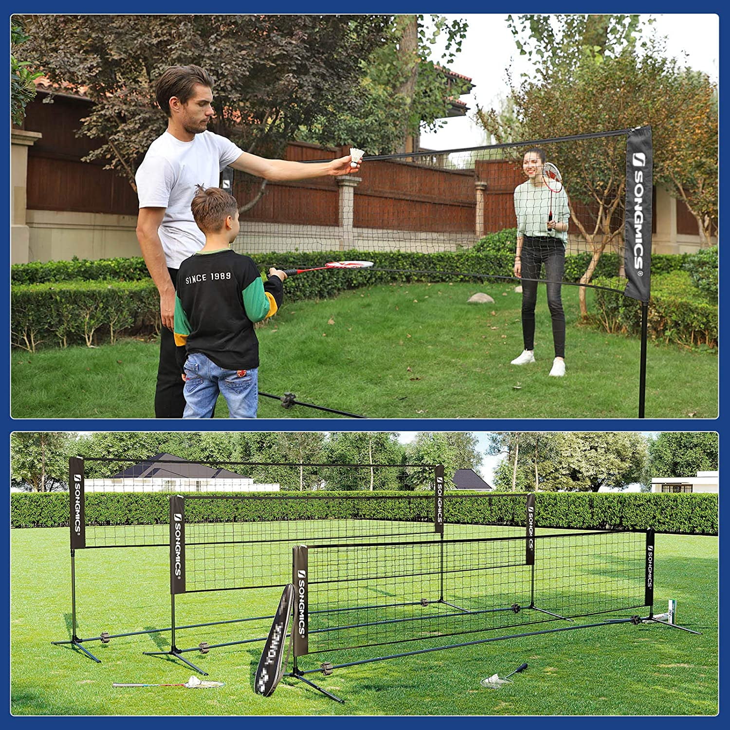 SONGMICS Badminton Net Set Portable Sports Set for Badminton Tennis Kids Volleyball Pickleball Easy Setup Nylon Net with Poles for Indoor Outdoor Court,10FT