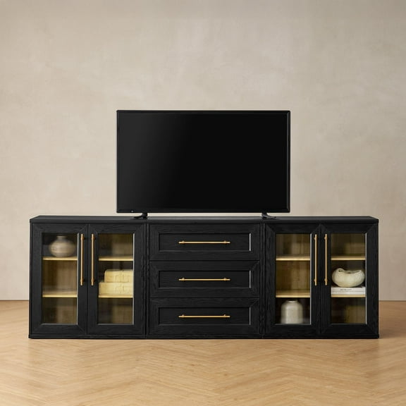 Mopio Blake 3 Piece Entertainment Center with Storage, Modern Farmhouse Modular Storage Cabinet Dresser TV Stand for up to 65" TVs, Side Display Case, Media Console Cabinet, Living Room (Black)