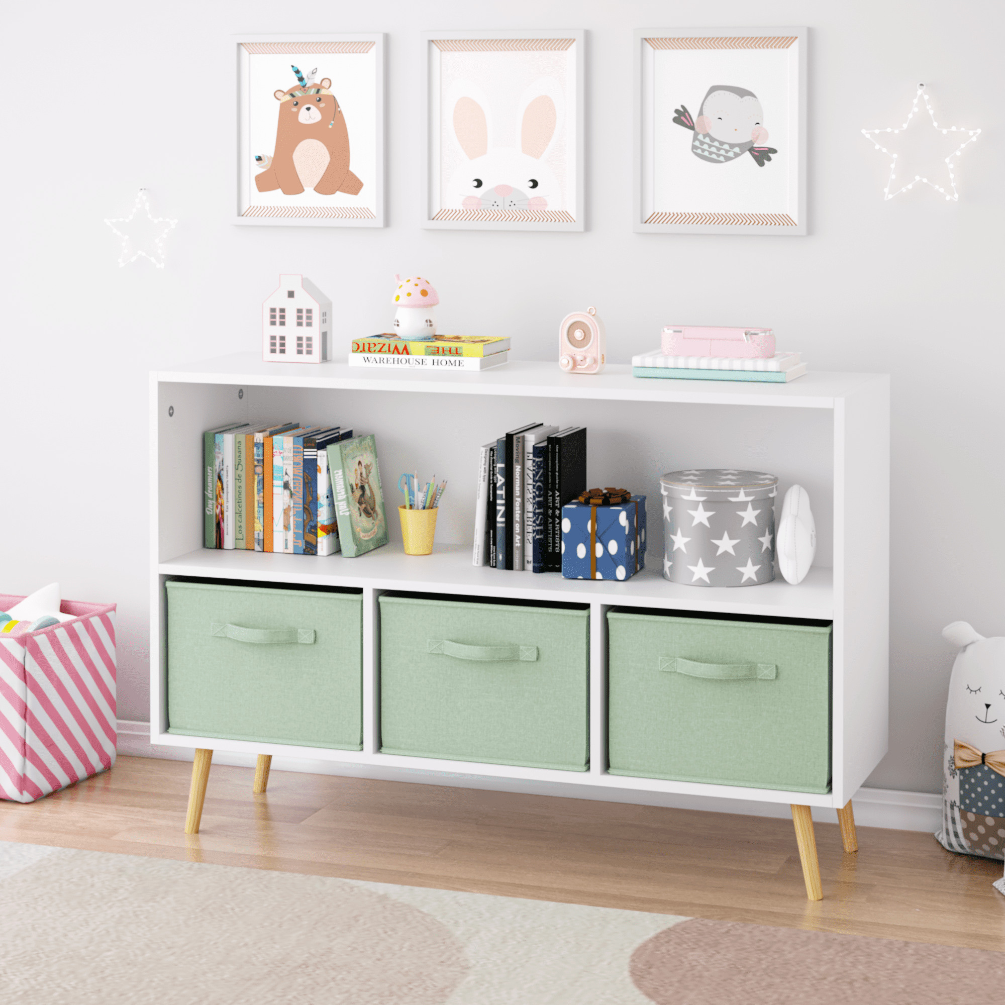 Kids Bookcase with Collapsible Fabric Drawers, Children’s Book Display & Toy Storage Organizer, MDF Cabinet with Pine Legs, White/Green