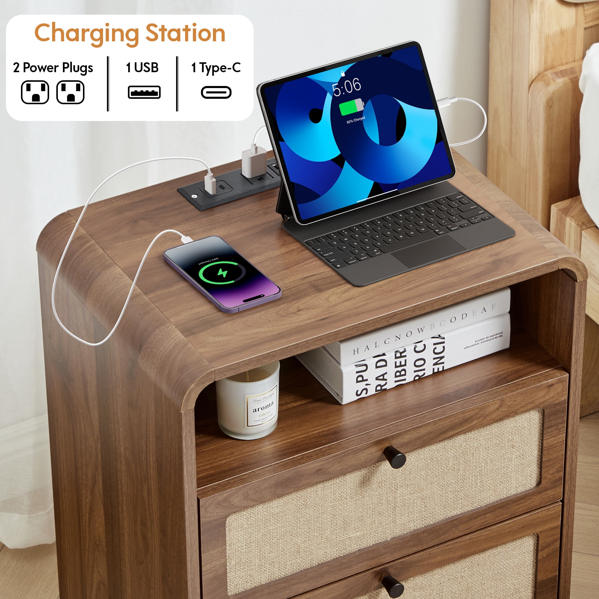 YOCWO Farmhouse Nightstand with Charging Station and Drawers for Bedroom, Linen Bedside Table with Drawers, Walnut