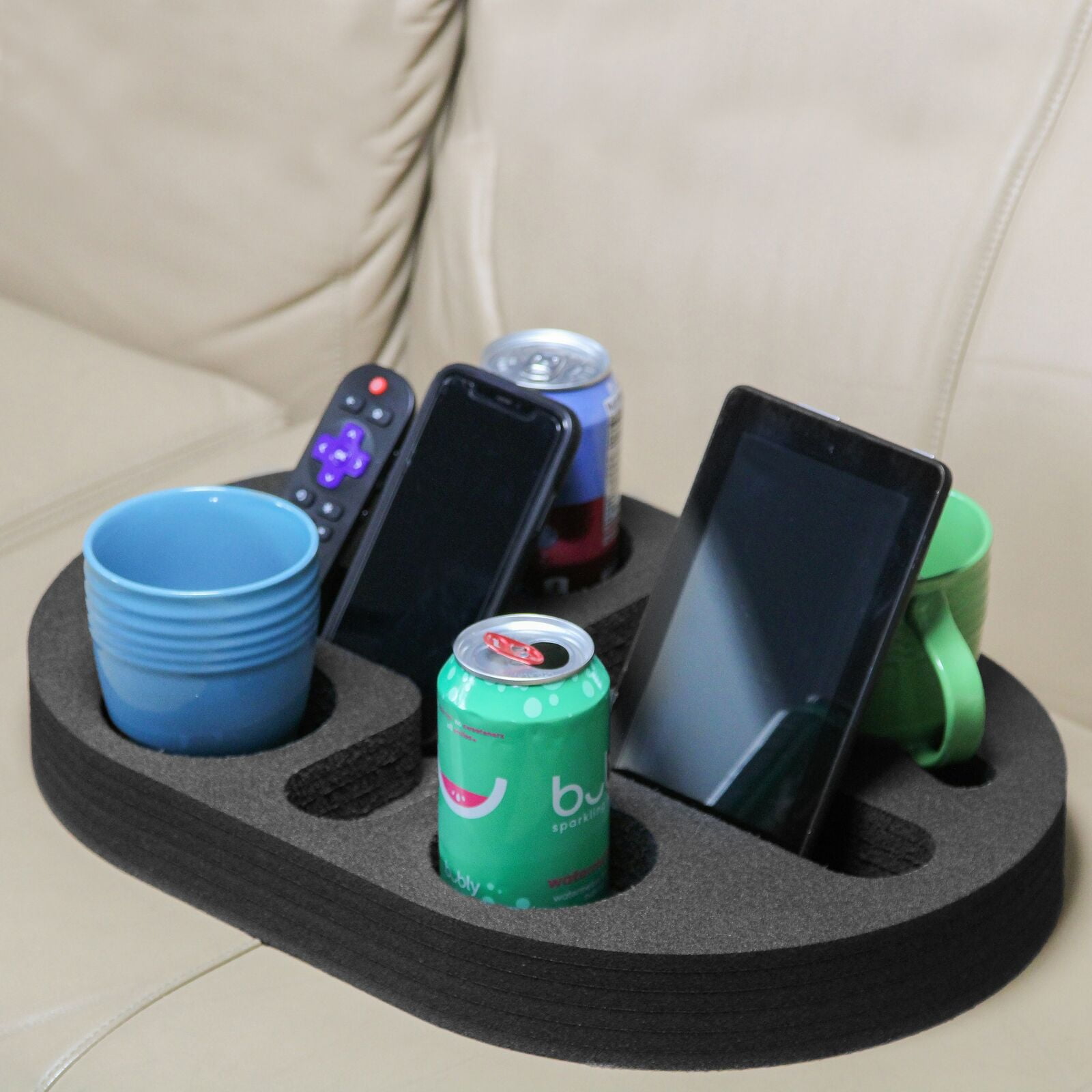 Couch Drink Cup Holder Sofa Tray Bed Car Black Foam 4 Compartment