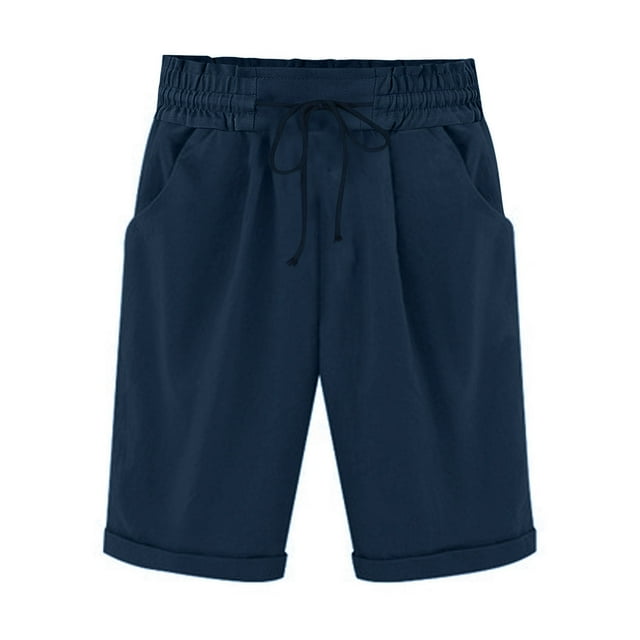 Plebaso Women's Casual Knee Length Shorts Drawstring Roll up Shorts Plain Lightweight Pull on Shorts