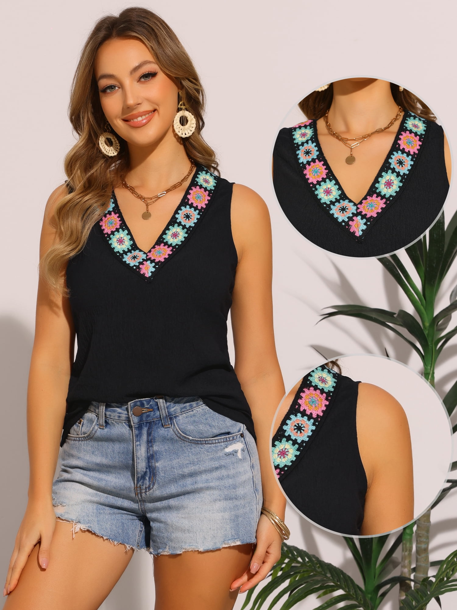 DARING DIVA Women's Boho V Neck Casual Summer Floral Tank Tops M Black