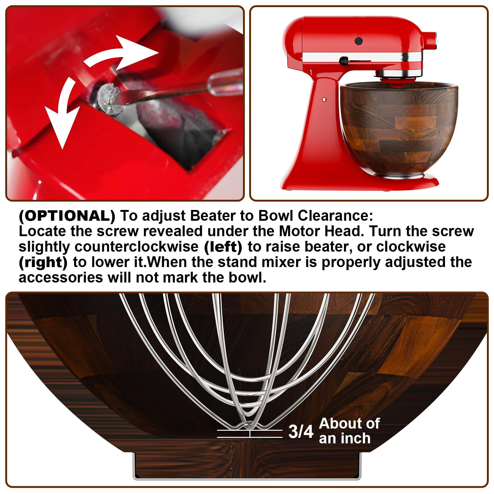 GVODE Premium Natural True Wooden Mixing Bowl Attachment for KitchenAid 4.5-5 Qt Tilt-Head Stand Mixers with Stainless Steel Base