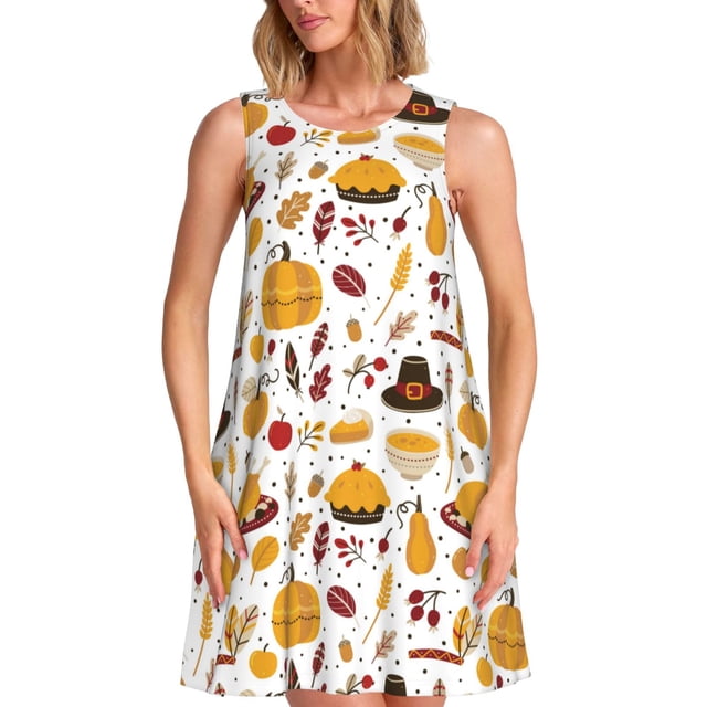Balery Thanksgiving Vestidos de verano para mujer con estampado: vestido holgado sin mangas, vestido playero informal y cómodo para días calurosos.