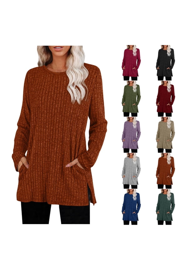 Long Sleeve Shirts for Women Side Split Lightweight Tunic Sweaters Fall Winter Fashion Crew Neck Blouses Going Out Tops with Pockets