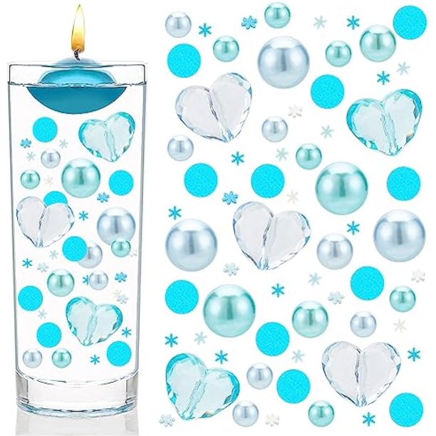 136 piezas de perlas de imitación de plástico redondas, cuentas acrílicas transparentes en forma de corazón con agujeros y adornos redondos planos para jarrones, velas, decoración de mesa