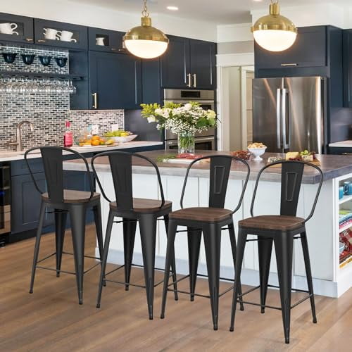 HAOBO Home 30" High Back Barstools Metal Stool with Wooden Seat [Set of 4] Counter Height Bar Stools, Matte Black