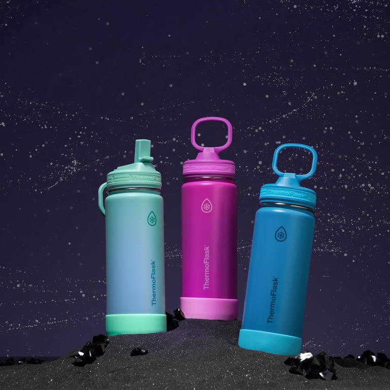 ThermoFlask 18 oz Kids Glow-In-The-Dark Insulated Stainless Steel Water Bottle, Leakproof Straw Lid, Jelly Mint