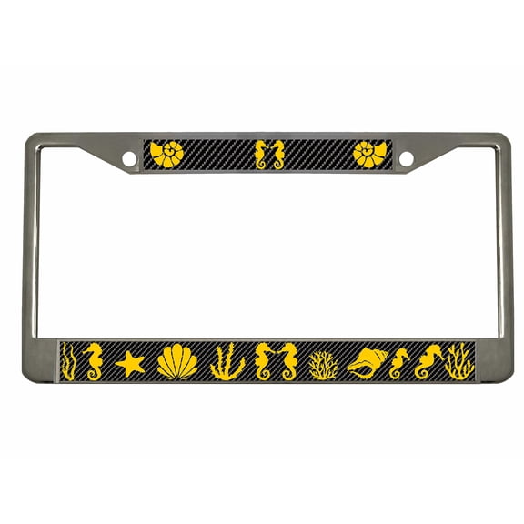 Seahorse Tropical Waves of Fun Beach Style Metal License Plate Frame Personalized/Car Accessories Car Tag Holder Cover Carbon (Chrome/Carbon/Yellow)
