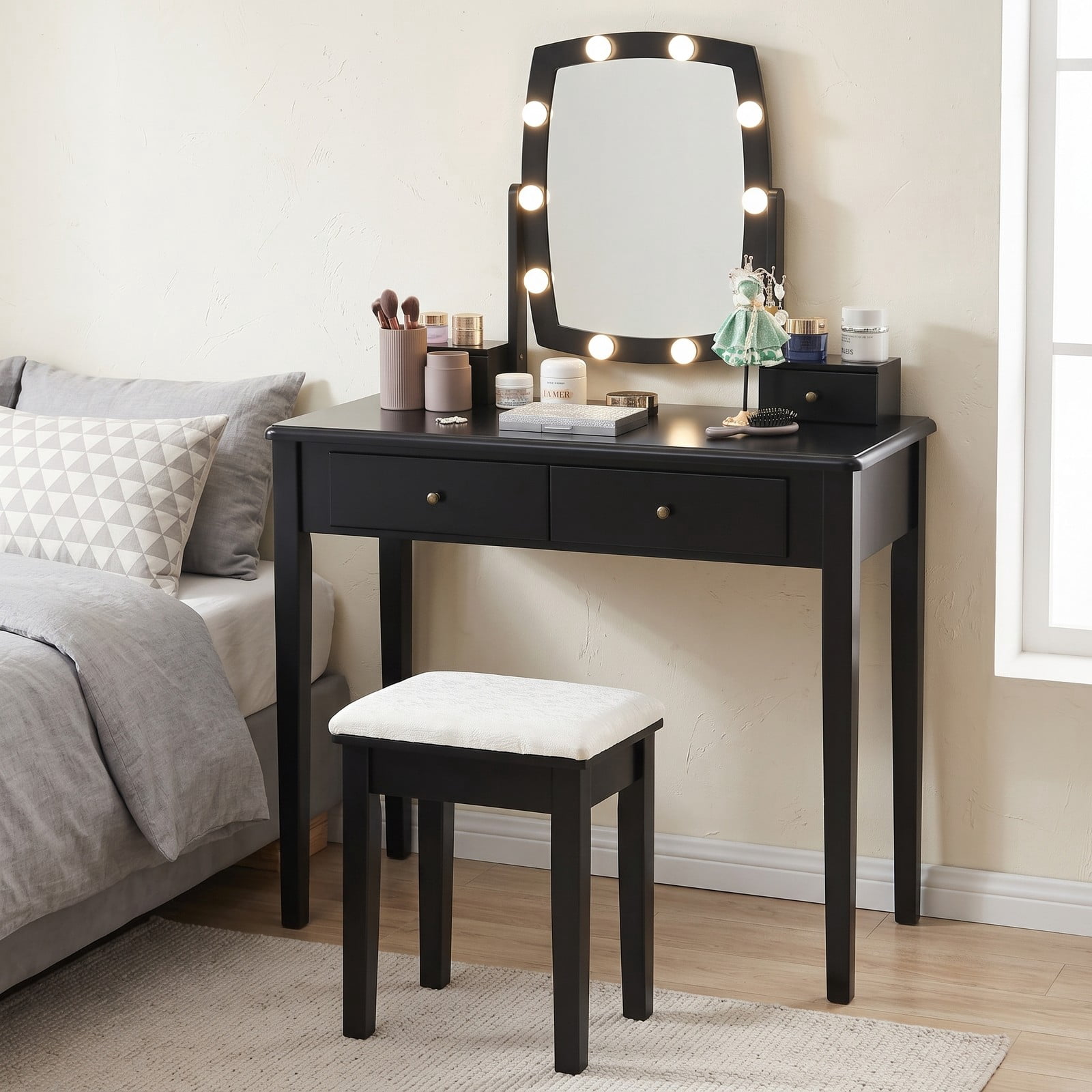 Furnibear Vanity Table Set with 10 Dimmable Bulb Lighted Mirror and Cushioned Fabric Stool and Drawers for Bedroom and Dressing Room, Black