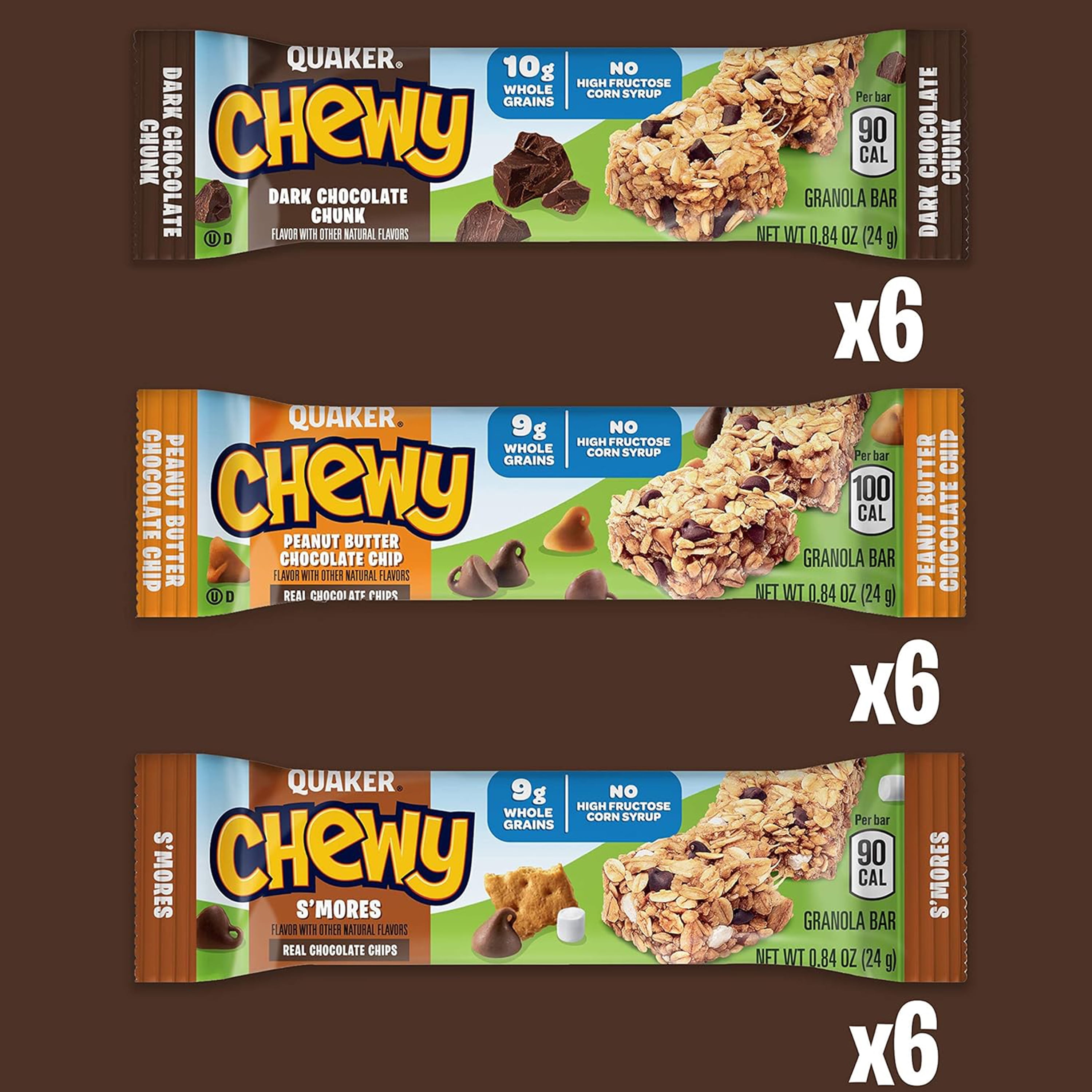 (12 pack) Quaker Chewy Granola Bars, Variety Pack, 15.2 oz, 18 Count