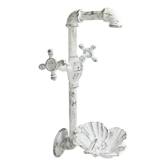 Cast Iron Antiqued White Spigot Faucet Bird On Flower Wall Bird Feeder Bath 16"H