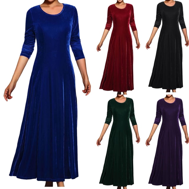 Meichang Robe Maxi pour Femmes Velvet à Manches Longues, Col Rond, Longue, Robes pour Mère de la Mariée, Robes d'Invitée de Mariage, Robe de Cocktail, Robe de Soirée, Robe de Bal, Robe Formelle